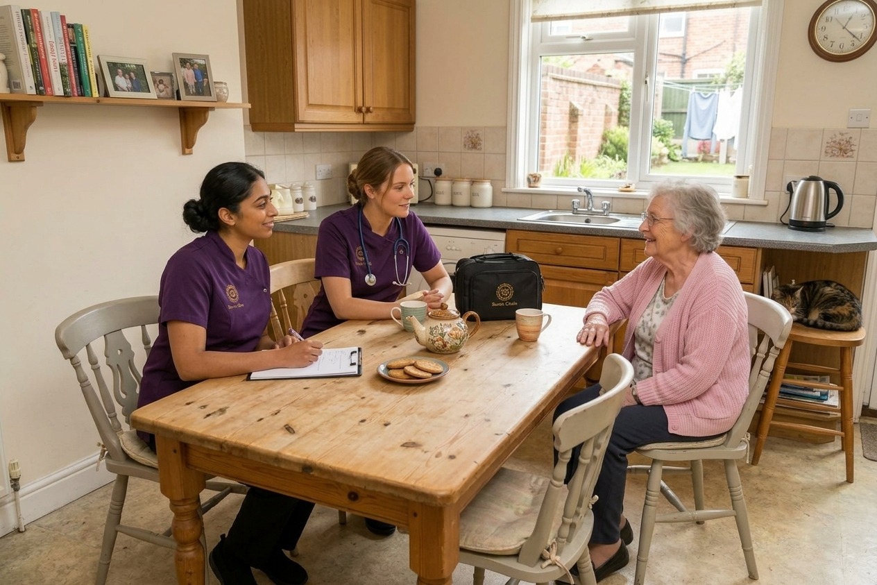 Revive Rise care team discussing long-term home care needs with an older woman at her kitchen table