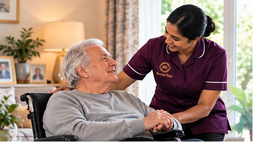 Revive Rise nurse offering compassionate wheelchair support during long-term home care