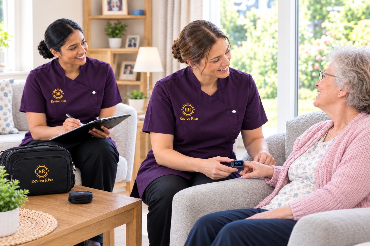 Revive Rise nurses in branded uniform providing nurse-led care to an older woman