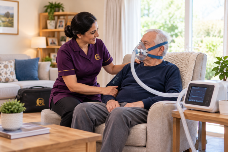 Revive Rise nurse wearing a deep purple uniform with gold trim supporting an older man using home ventilation