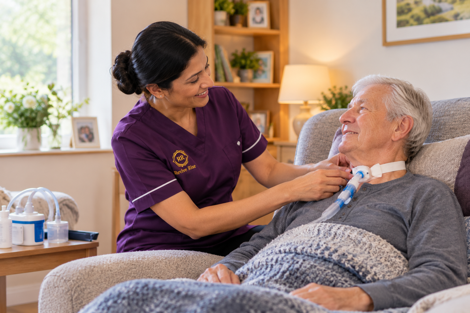 Revive Rise nurse supporting an older adult with specialist tracheostomy care at home