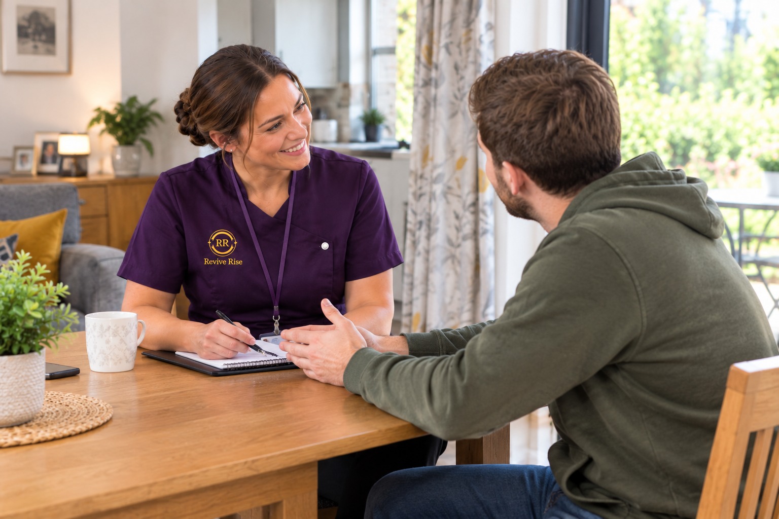 Mental Health Care – Homepage Service Revive Rise nurse discussing a personalised care plan with an adult at home