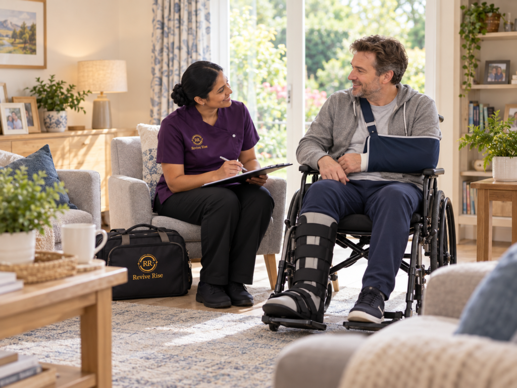 Illustrative nurse-led home care support for a person recovering from complex injury