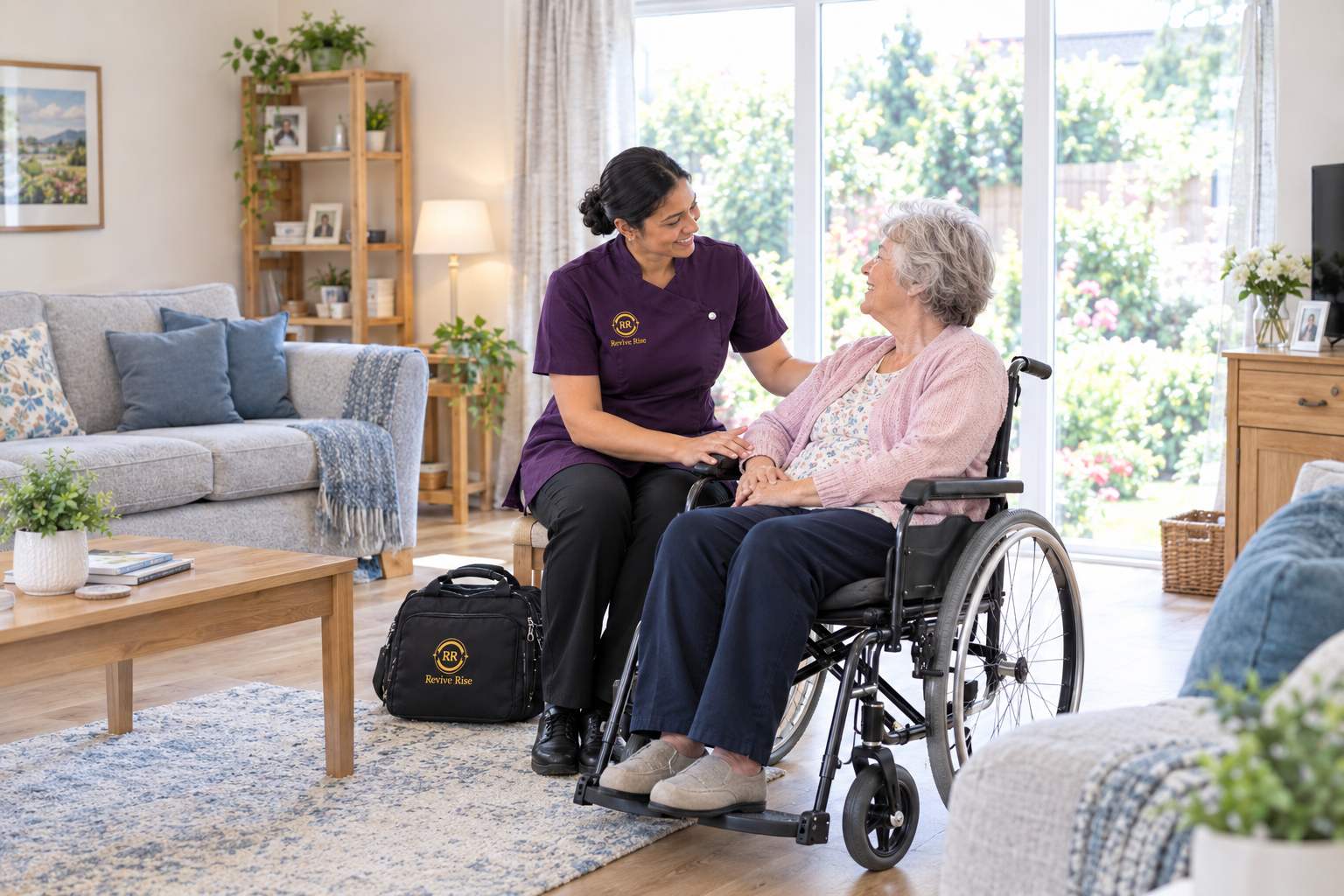 A care professional supporting an older adult at home, illustrating home care in Nuneaton