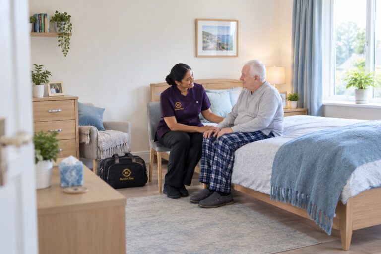 Revive Rise nurse in purple uniform supporting an older man at home in Tamworth